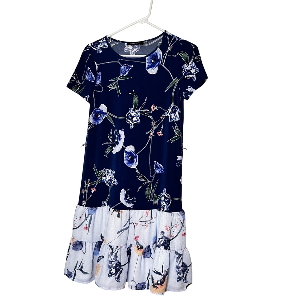 Ivanka Trump Dress Womens XS Blue Floral Tiered Ruffle‎ Hem Short Sleeve Stretch